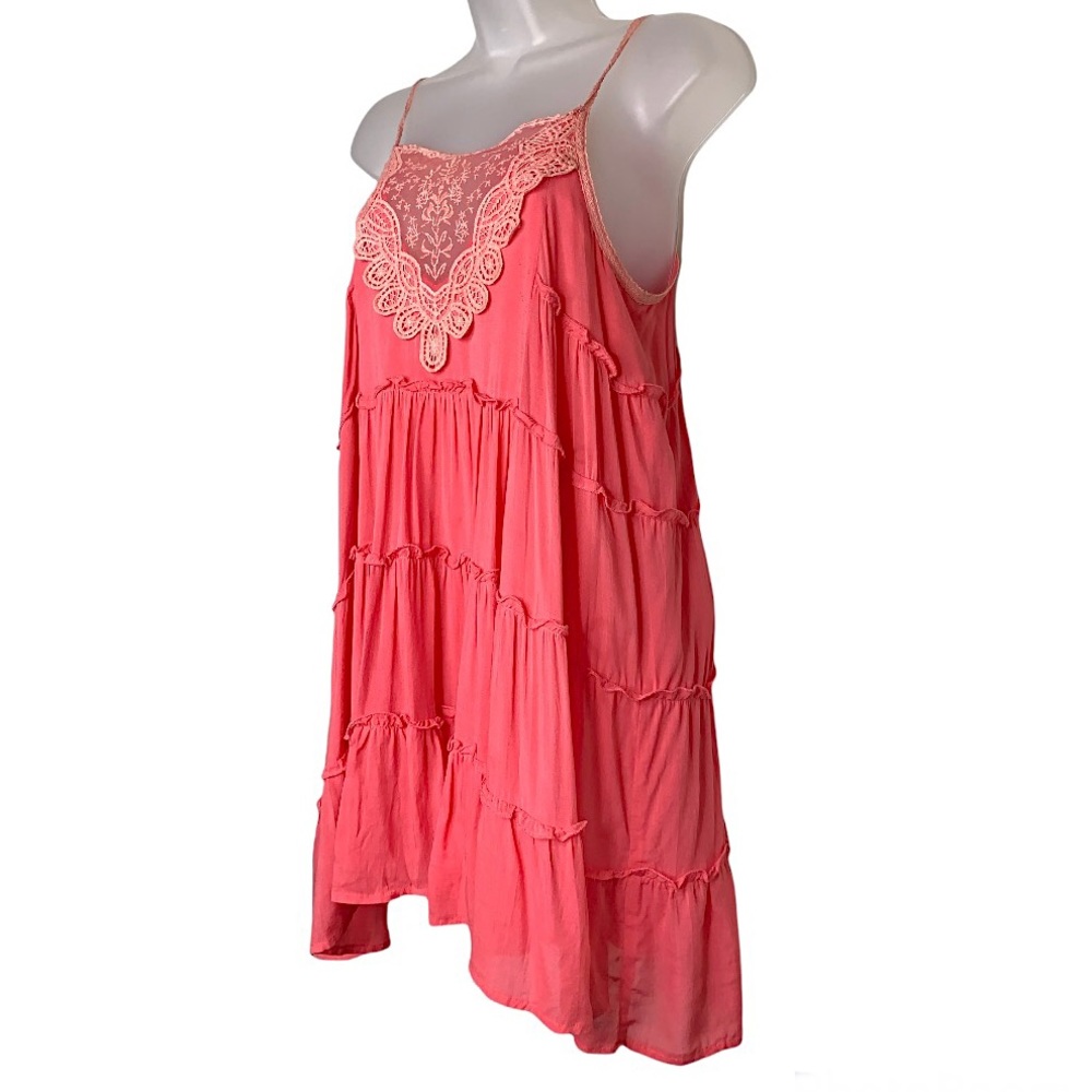 Maddy K Embroidered Lace Mesh Tiered Ruffle Mini Tunic Dress Coral Boho Beach - Picture 7 of 16